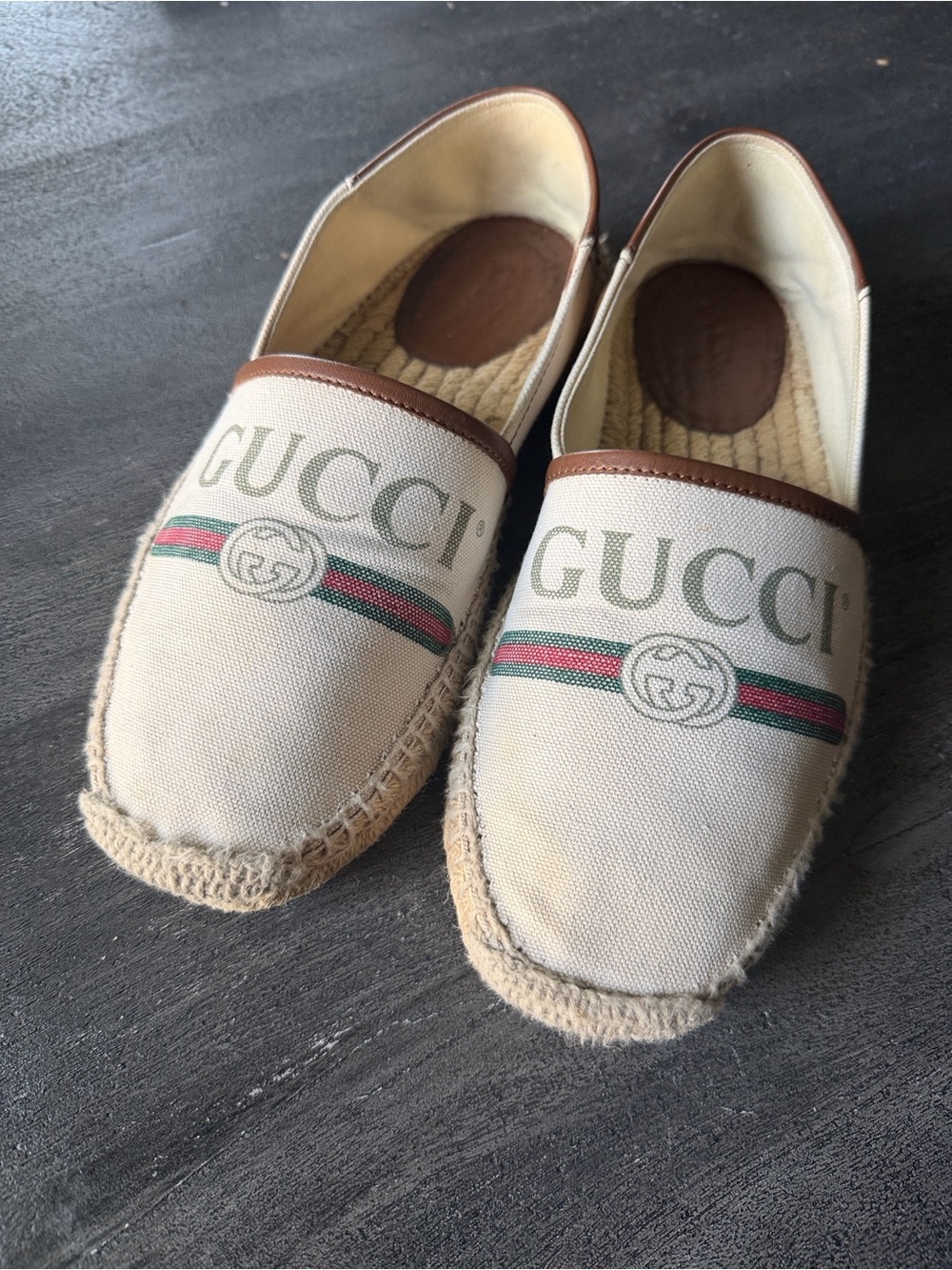 Gucci Beige Canvas Espadrilles with Green and Red Web